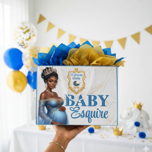 Royal African American Mother to Be Blue & Gold Large Gift Bag