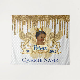 Royal African Prince Gold Glitter Drip Backdrop Tapestry