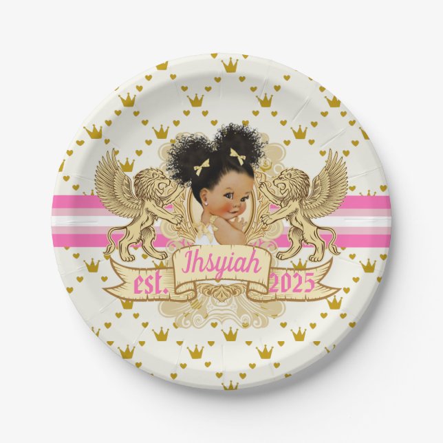 Royal African Princess Pink|Gold Baby Shower Paper Plate (Front)