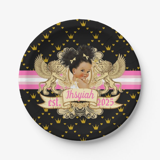 Royal African Princess Pink|Gold Baby Shower Paper Plate (Front)