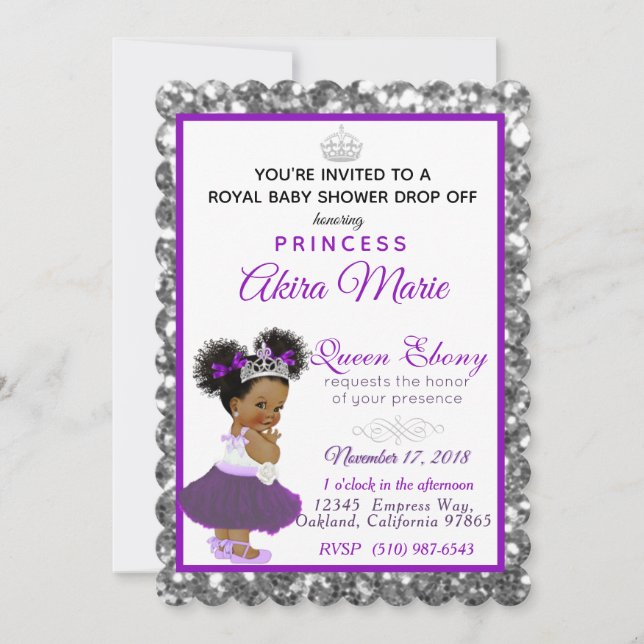 Royal African Princess Purple|Silver Glitter Fancy Invitation (Front)
