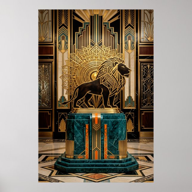 Royal Art Deco Lion Statue Gold Foil Poster (Front)