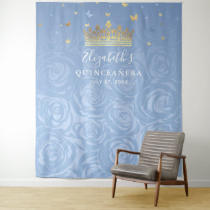 Royal Baby Blue and Gold Roses Photo Backdrop Tapestry