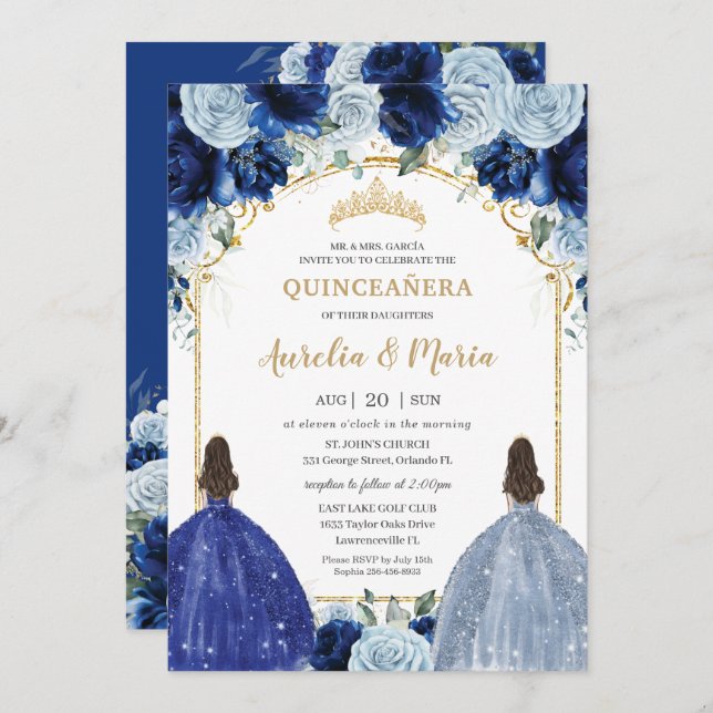 Royal Baby Blue Floral Girls Twins Quinceañera Invitation (Front/Back)