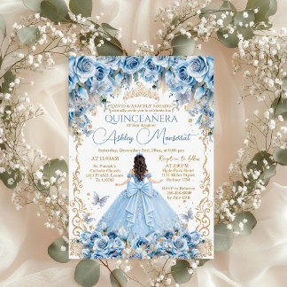 Royal Baby Blue Gold Crown Quinceañera Invitation