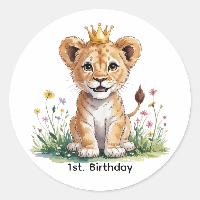 Royal Baby Lion 1st. Birthday Party Classic Round Sticker (Front)