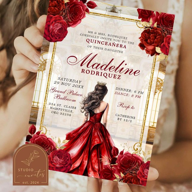 Royal Ballroom Burgundy Red Quinceanera Invitation (Creator Uploaded)