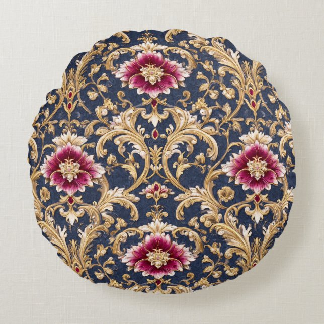Royal Baroque Floral on Deep Blue Round Cushion (Front)