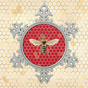 Royal Bee and Honeycomb on Red  Snowflake Pewter Christmas Ornament