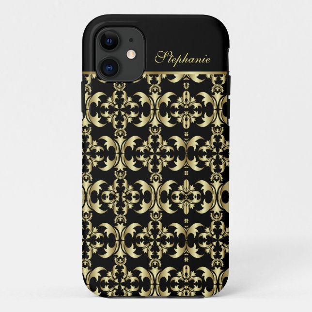 Royal Black and Gold Monogram Damask Case-Mate iPhone Case (Back)
