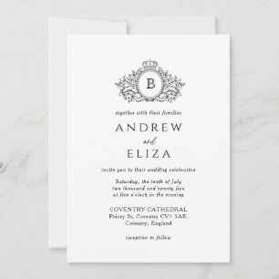 Royal, Black and White Crest Monogram Wedding Invitation