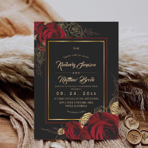 Royal Black Burgundy Roses Boho Wedding Invitation