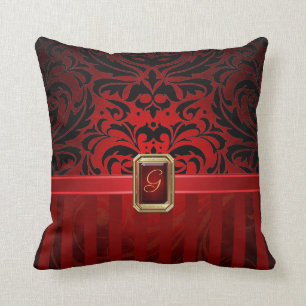 Royal Black Damask Red Pinstripe Faux Jewel Pillow