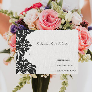 Royal Black Damask Wedding RSVP Card