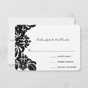 Royal Black Damask Wedding RSVP Card