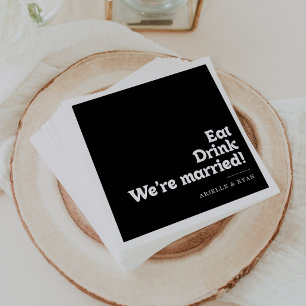 Royal Black Eat Drink We're Married Wedding Napkin