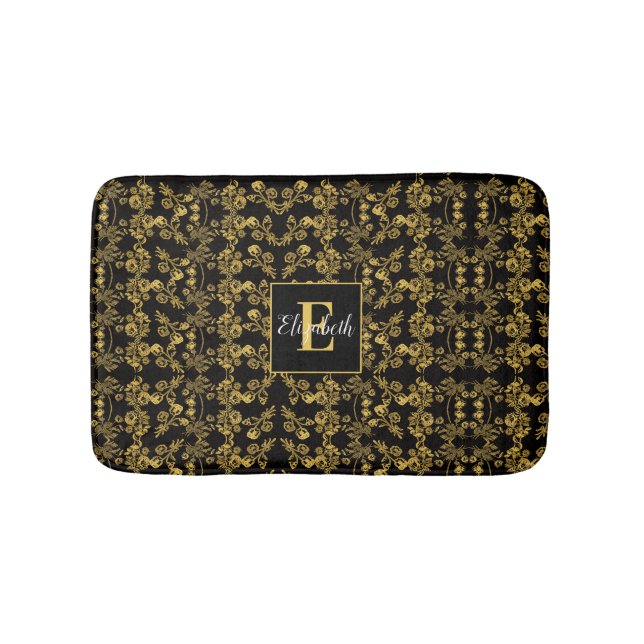 Royal Black & Gold Damask Floral Custom Name Bath Mat (Front)