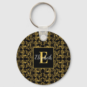 Royal Black & Gold Damask Floral Custom Name Key Ring