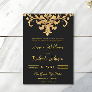 Royal Black Gold Damask Watercolor Wedding Invitation