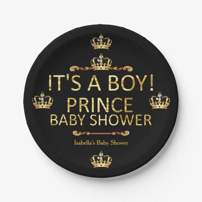 Royal Black Gold Prince Baby Shower Its A Boy Paper Plate (Front)