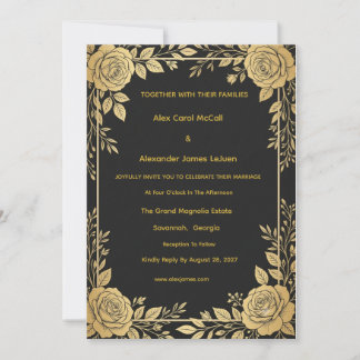 Royal Black & Gold Rose Wedding Invitation