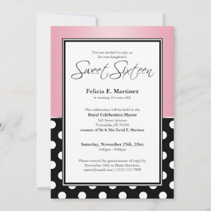 Royal Black Polka Dot Pink Sweet Sixteen Invitation