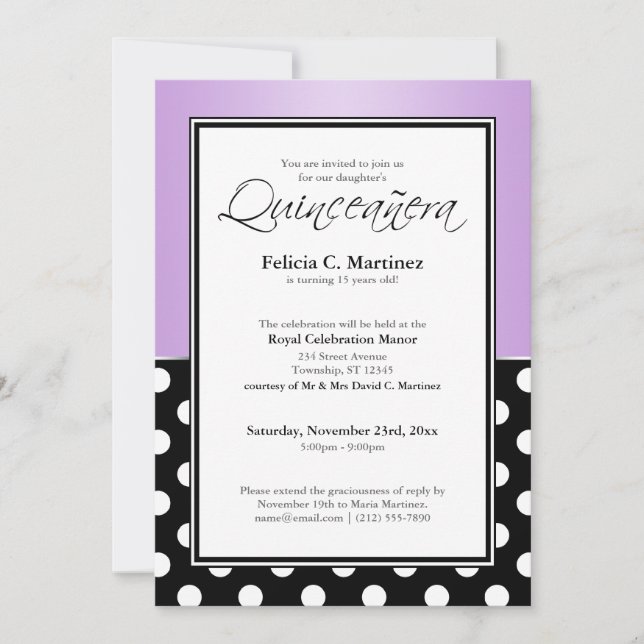 Royal Black Polka Dot Purple Quinceañera Invitation (Front)