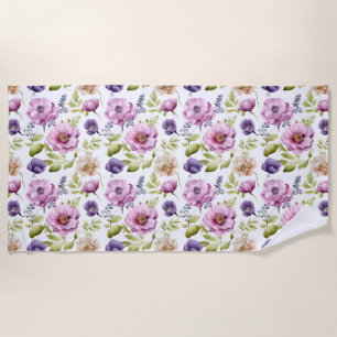 Royal Bloom Symphony Purple Floral Pattern Beach Towel