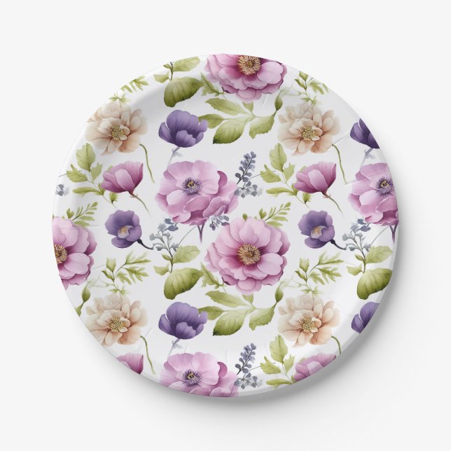 Royal Bloom Symphony Purple Floral Pattern Paper Plate (Front)