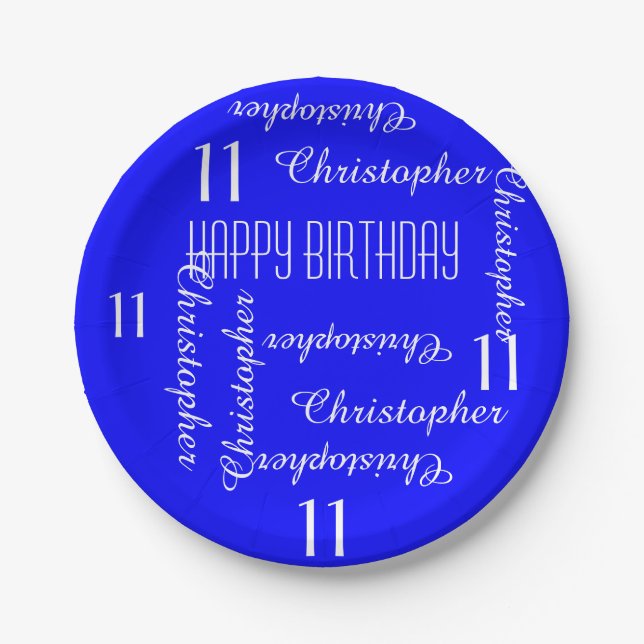 Royal Blue 11th Birthday Party Repeating Names Paper Plate (Front)