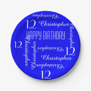 Royal Blue 12th Birthday Party Repeating Name Paper Plate