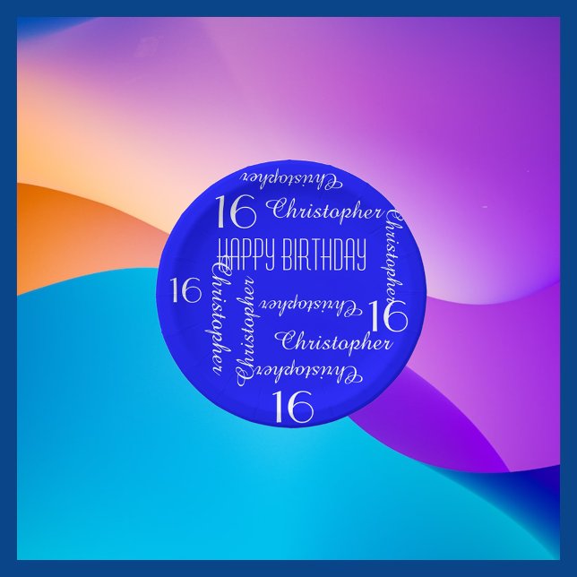 Royal Blue 16th Birthday Party Repeating Names Paper Plate (Creator Uploaded)