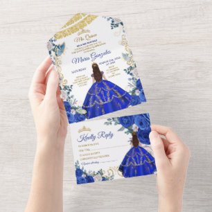 Royal Blue 16th Birthday Quinceañera Gold Crown All In One Invitation
