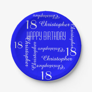 Royal Blue 18th Birthday Party Repeating Names Paper Plate