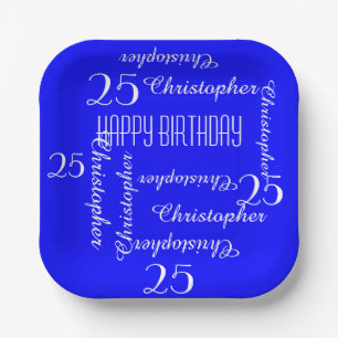 Royal Blue 25th Birthday Party Repeating Names Paper Plate