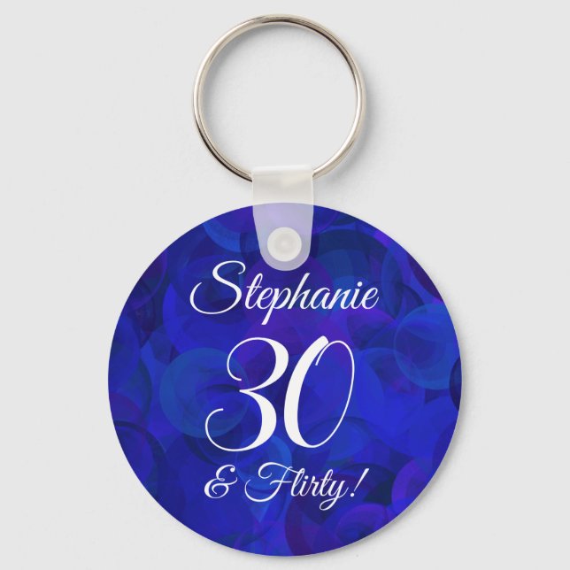Royal Blue 30 and Flirty Birthday Party Favour Key Ring (Front)