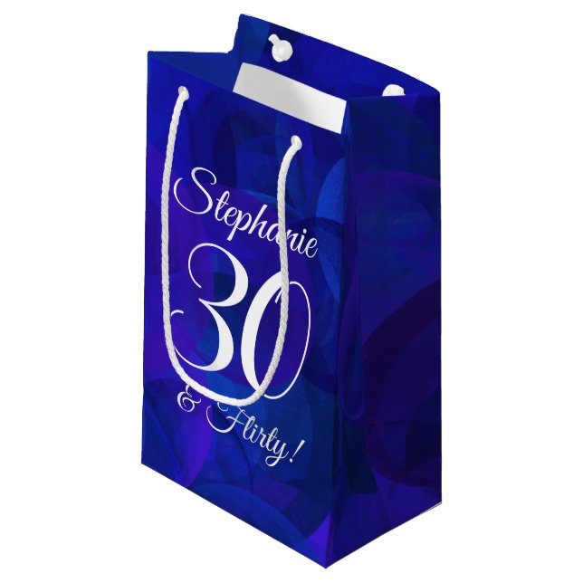Royal Blue 30 and Flirty Birthday Party Small Gift Bag (Front Angled)