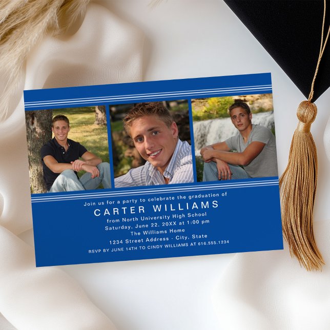 Royal Blue 3 Photo Graduation Party Invitation (Creator Uploaded)