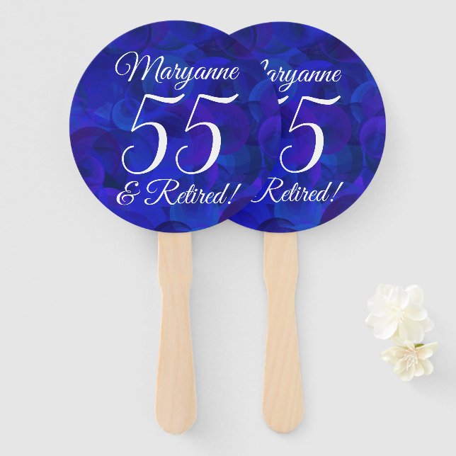 Royal Blue 55 and Retired Retirement Party Hand Fan (Front and Back)