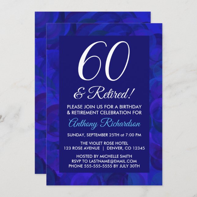Royal Blue 60 and Retired Retirement Party Invitation (Front/Back)