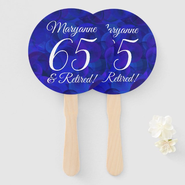 Royal Blue 65 and Retired Retirement Party Hand Fan (Front and Back)