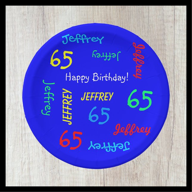 Royal Blue, 65th Birthday Party, Repeating Names Paper Plate (Creator Uploaded)