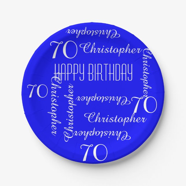 Royal Blue 70th Birthday Party Repeating Names Paper Plate (Front)