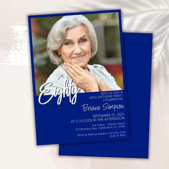 Royal Blue 80th Birthday Photo Invitation (Creator Uploaded)