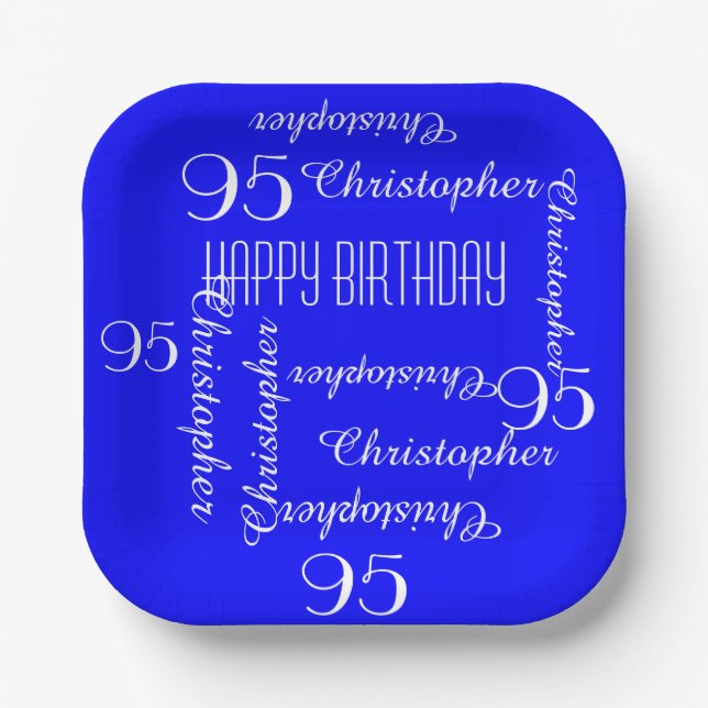 Royal Blue 95th Birthday Party Repeat Name Square Paper Plate (Front)
