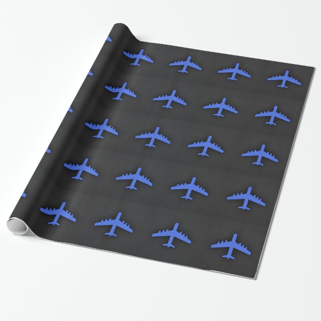 Royal Blue Aeroplane Wrapping Paper (Unrolled)