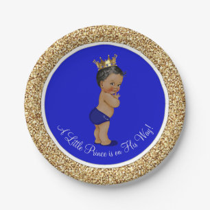 Royal Blue African American Prince Baby Shower Paper Plate