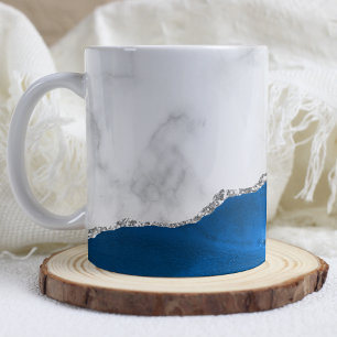 Royal Blue Agate Silver Glitter White Marble Coffee Mug