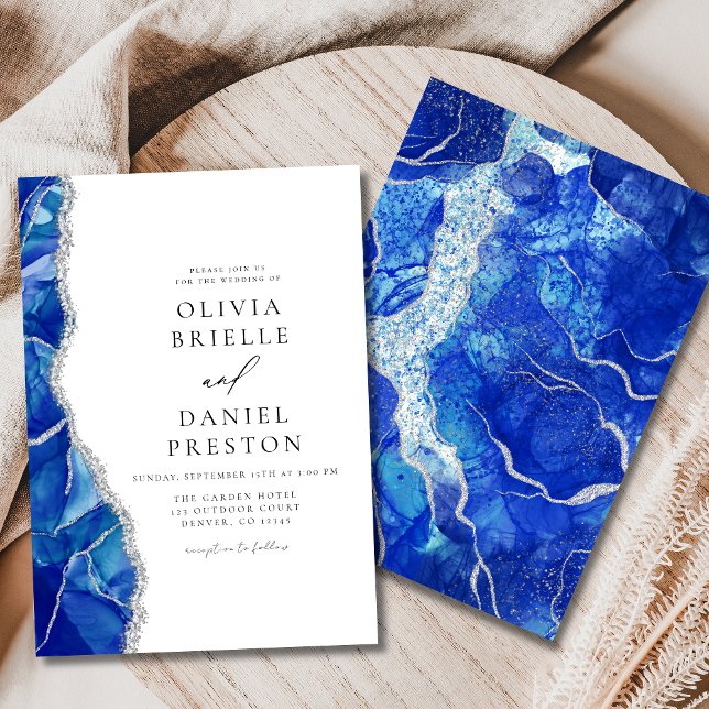 Royal Blue Agate Silver Wedding Modern Elegant Invitation (Creator Uploaded)