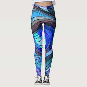 Royal Blue and Aqua Doodle With Black Lines Leggings